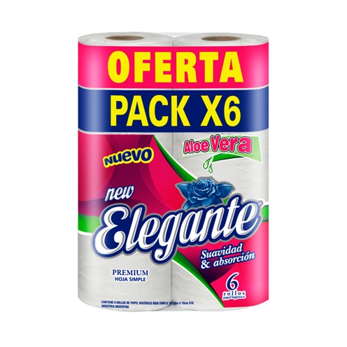 Elegante Papel Higiénico Hoja Simple Aloe Vera 6 rollos x30 mts c/u