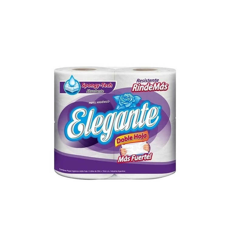 Elegante Papel Higiénico Resistente Doble Hoja 4 rollos x30 mts c/u